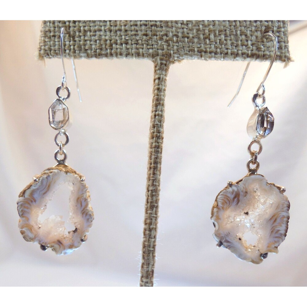 Natural Geode Slice Quartz Druzy Herkimer Diamond Sterling Silver Earrings